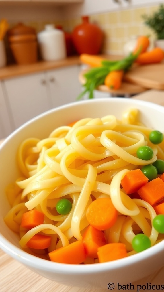 Soft homemade noodles for babies served with steamed carrots and peas in a cheerful kitchen.